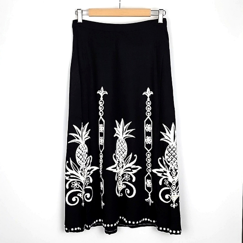 Faith Resortwear Black Long A-Line Skirt White Pineapple Print Sequins  Sz Small